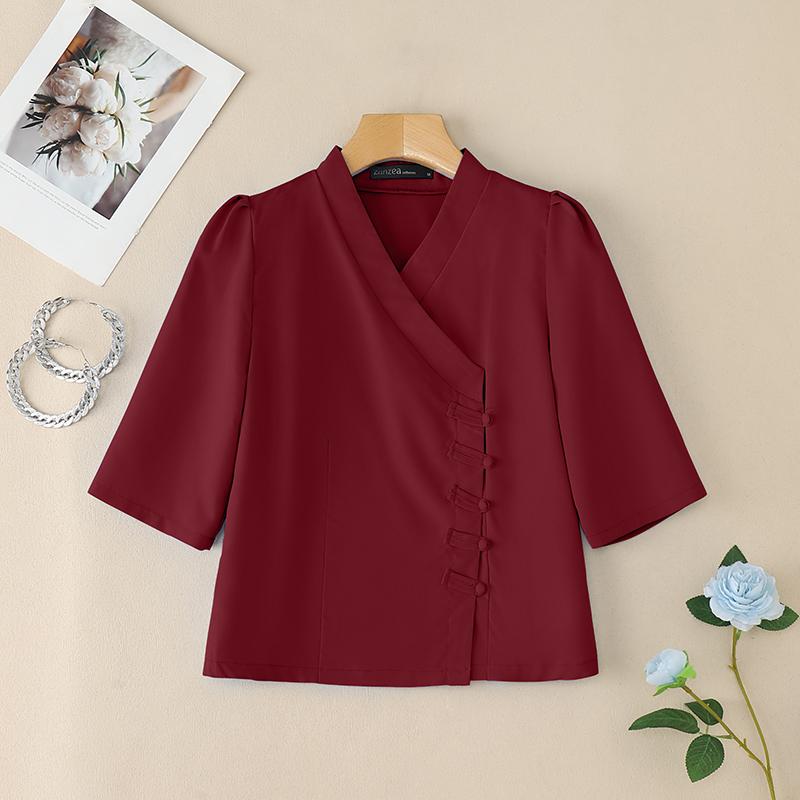 ZANZEA Женская летняя блузка с V-образным вырезом, однотонная, с рукавом до локтя