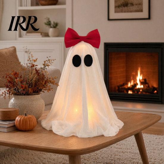Cute Ghost Halloween Ornament LED Decoration, Pink Bow Tabletop Ornament, Soft Decoration Fabric Haunted House Decor with Warm Glow for Home Flexible