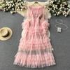 French Ruffled Mesh Cake Dress Women's Waist Thin Temperament One-shoulder Super Fairy Long Dress