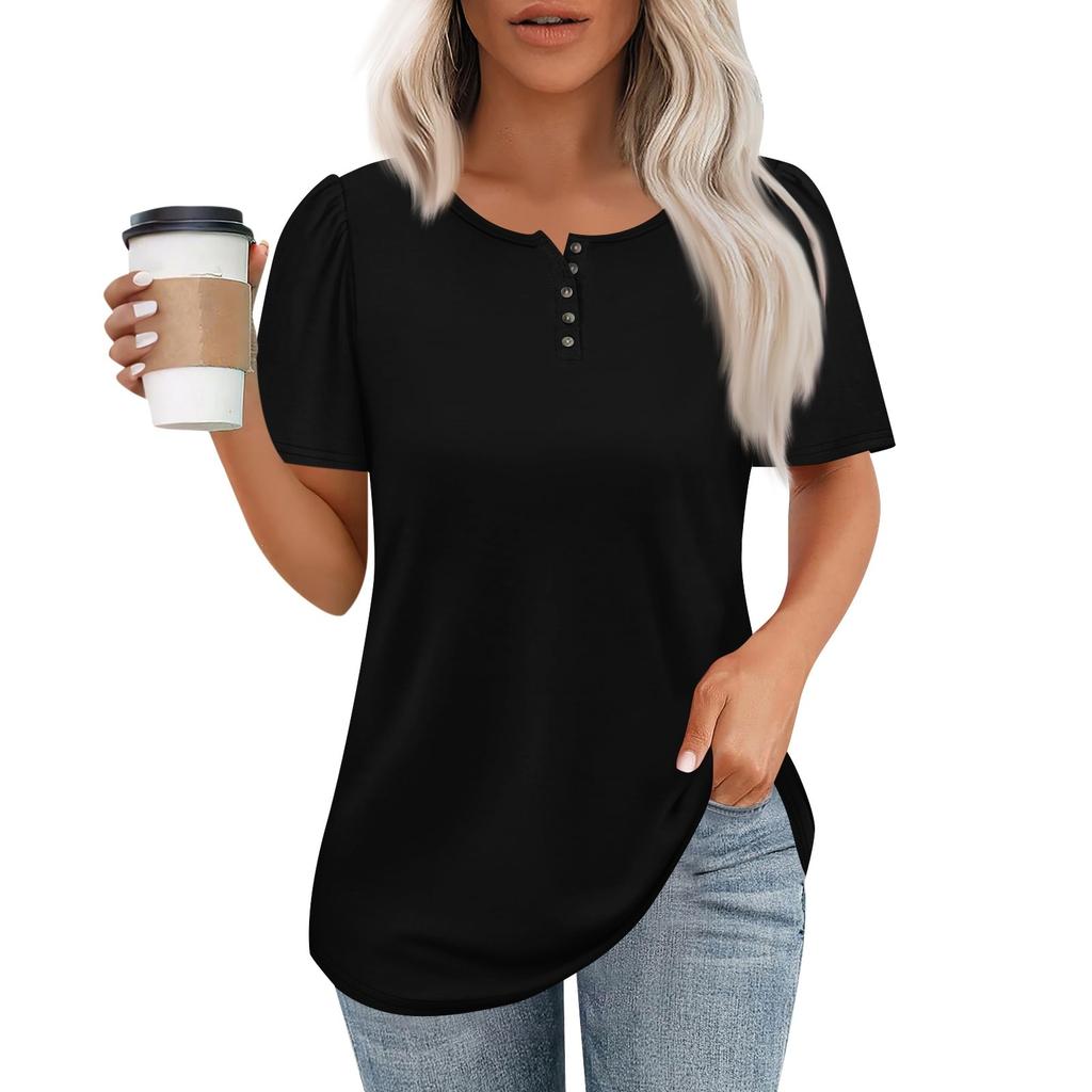 Women's Fashionable Casual Short Sleeve Button Print Round Neck Pullover Top