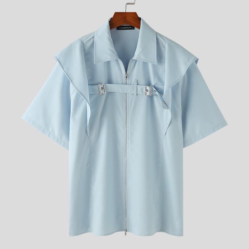 INCERUN Мужские топы с короткими рукавами и оборками, летние рубашки-карго на молнии