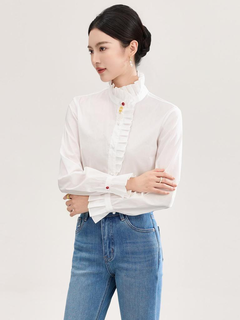 Women's Pure Cotton French Ruffle Trim Shirt - Spring Top with Micro Flare Long Sleeves