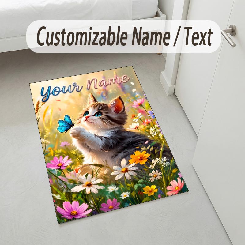 Cat Theme Crystal Velvet Rug Personalized Custom Name Text Soft Floor Mat Home Decor