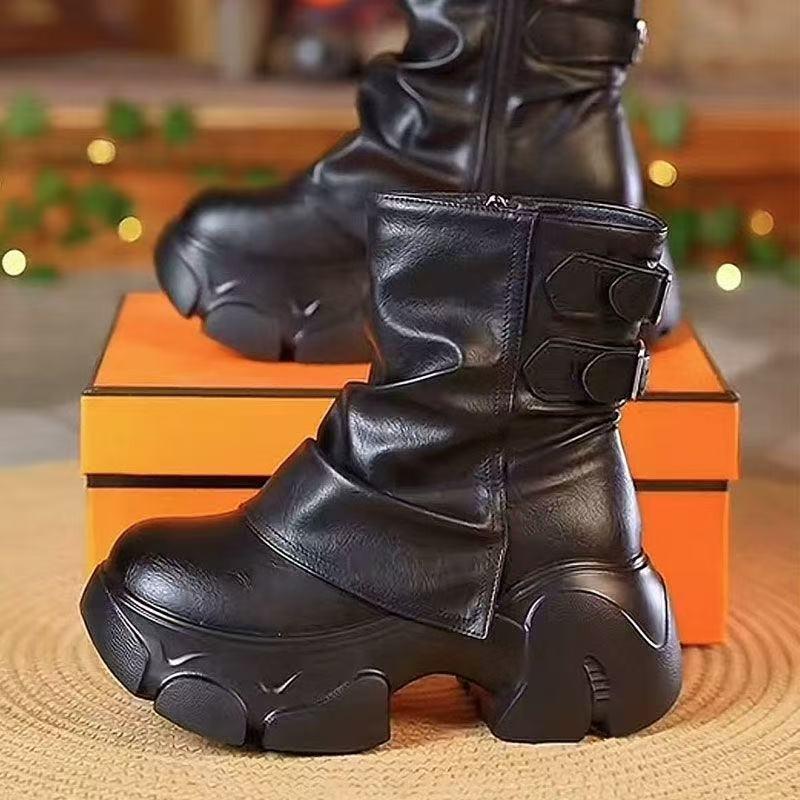 Fall/Winter High Top Booties Fashion Round Toe Metal Buckle Side Zip Platform Versatile Pant Boots
