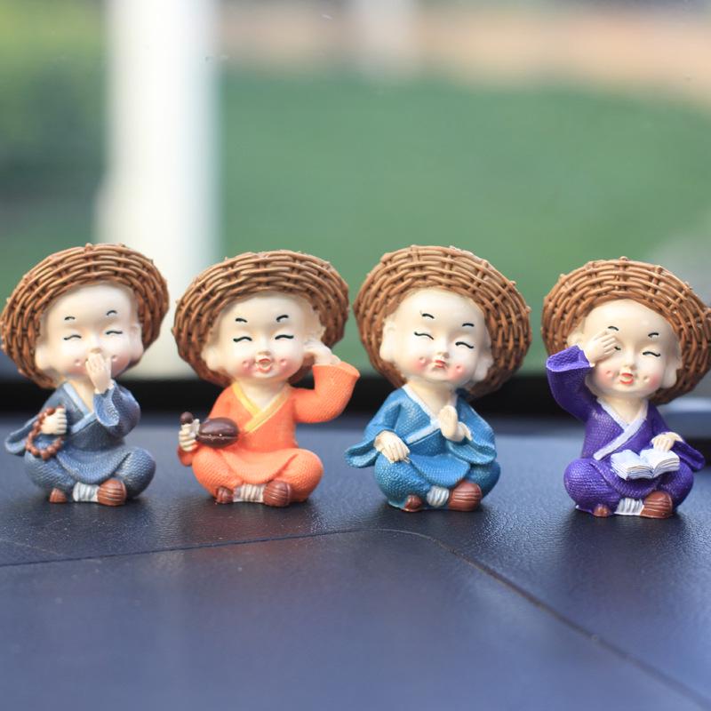Adorable Car Accessories: Straw Hat Monk Doll Ornaments with Brazilian Wood Hydroponic Stand