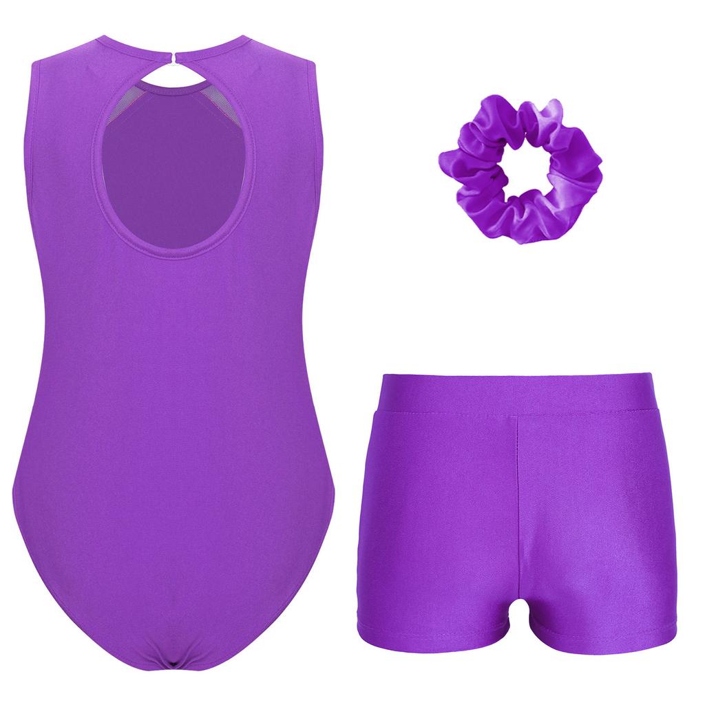 Детский гимнастический костюм для девочек, безрукавка с вырезом-замочной скважиной сзади, блестящие стразы, купальник с V-образным вырезом спереди, шорты, резинка для волос, головной убор