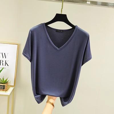 Women Solid Color Modal V‑Neck Short Sleeve T‑shirt Plus Size Loose Casual Top Thin Inner Base Shirt Daily Wear Tee M‑XXL