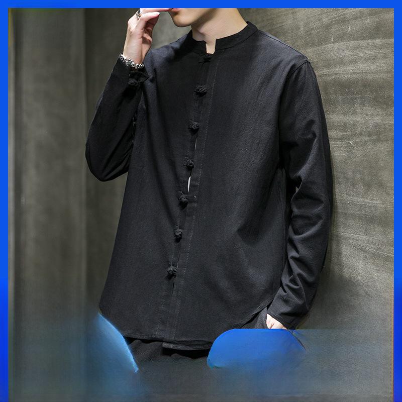 Мужская повседневная рубашка из хлопка и льна в китайском стиле 2023 года — большой размер, однотонная, на пуговицах, коллекция весна/лето