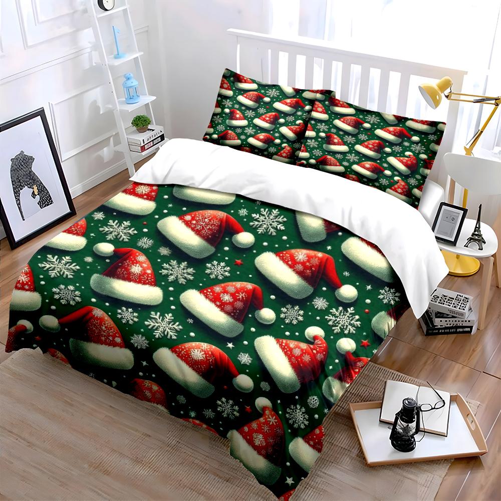 Christmas Santa Hat and Snowflake Bedding Set Bedding set (1 duvet cover, 2 pillowcases, duvet not included)