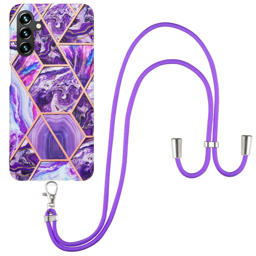 For Samsung Galaxy A14 5G/A14 4G Case with Long Strap Splicing IMD Marble Pattern TPU Back Cover