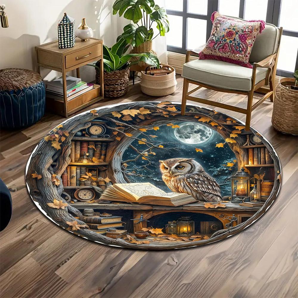 "Owl Study Under Moonlight" Print round rug, living room, bedroom, playroom carpet, non slip floor mat, gift
