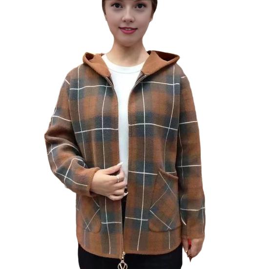 Women's Plaid Shacket Jacket Casual Wool Blend Long Sleeve Zip Up Hooded Jacket Fall Winter Warm Coat