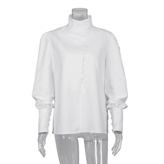 Women Shirt Long Sleeve Stand-Up Collar Regular Fit Casual Shirt Buttons Half Placket Pure Color Office Lady