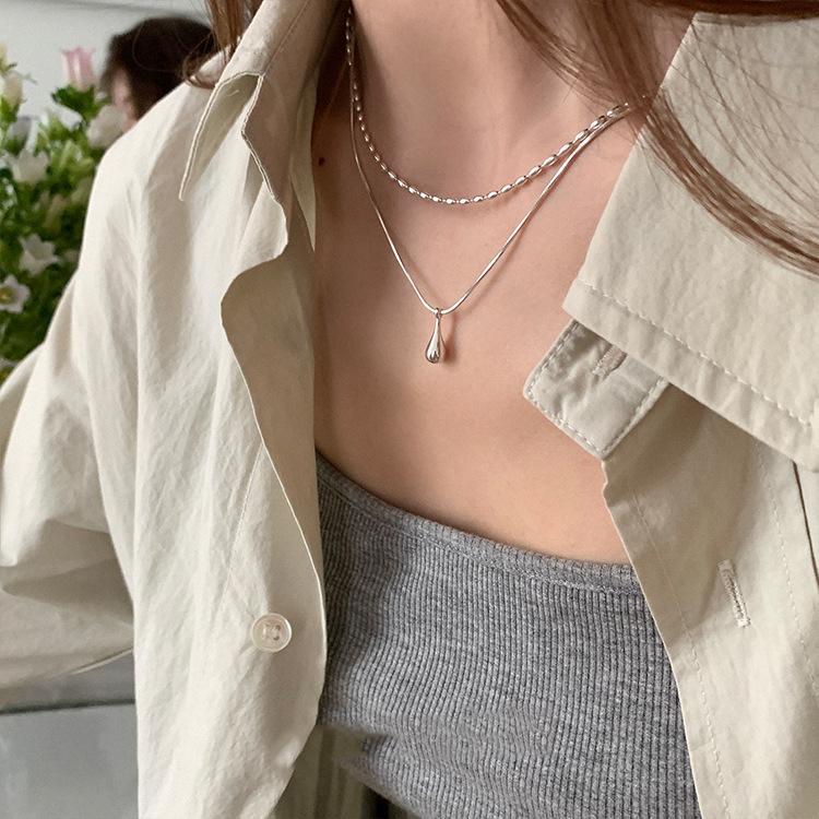 Water drop pendant double-layer necklace female niche design sense ins cold wind fashion simple temperament rice grain collarbone chain