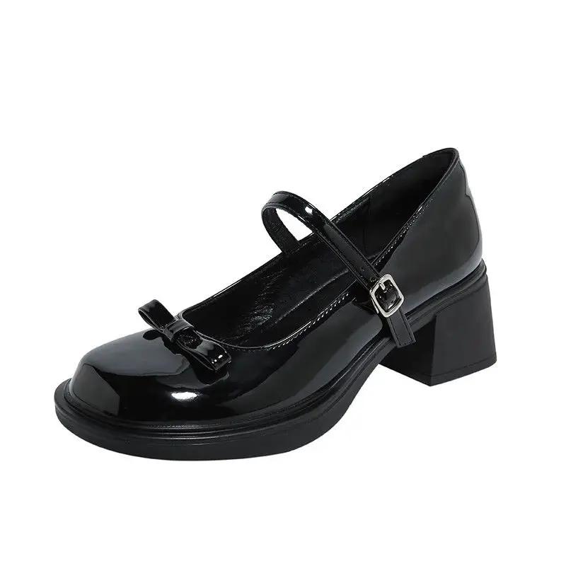 2024 Новые популярные универсальные туфли с квадратным носком, однотонные туфли с бантом, сумка на каблуке, прямая пряжка, женская обувь Zapatos Mujer
