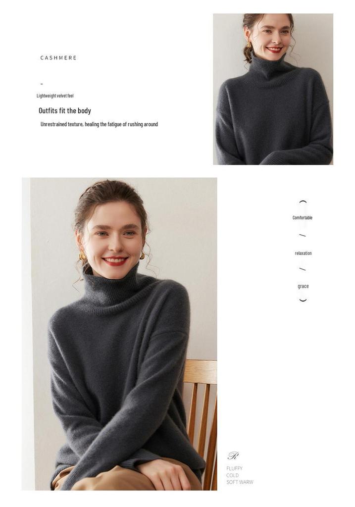 Cashmere Women's High Neck Thick Pullover: Slimming Loose Fit, Solid Color - Autumn/Winter 2026 Collection