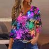 Women's Fashionable Casual Christmas Printed V-neck Three-quarter Sleeve Decorated Button Top
