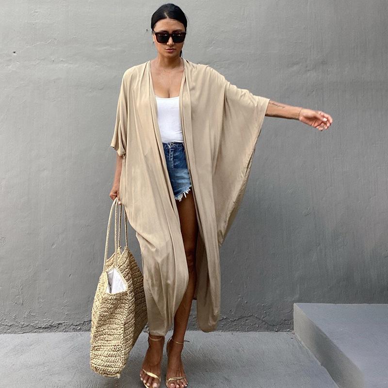 Women's Beach Cover Up Kimono, Summer Swimsuit Cape, Solid Bohemian Tunic Dresses, Bathing Suits, Cardigan, Shawl