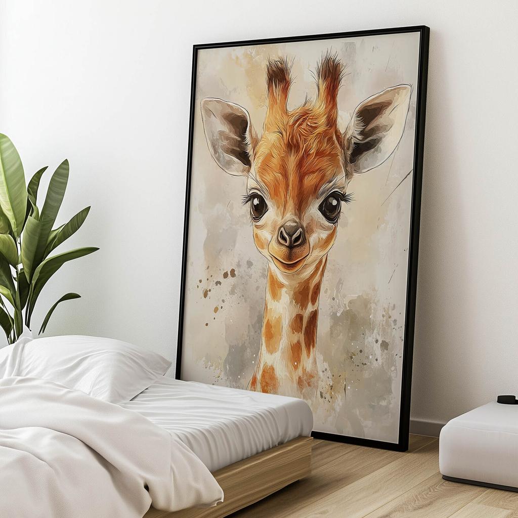 Urocza Twarz Małej Żyrafy Urocza Twarz Małej Żyrafy, 50X70 Cm, Rama Drewniana Jasny Dąb, Papier Matowy 230 Gsm