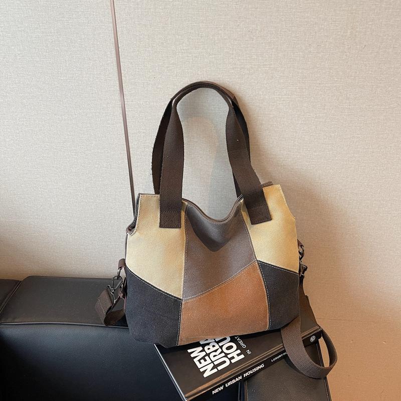 Простая модная женская сумка контрастная холщовая сумка женская большой вместимости ретро контрастная лоскутная тканевая сумка новая наплечная сумка