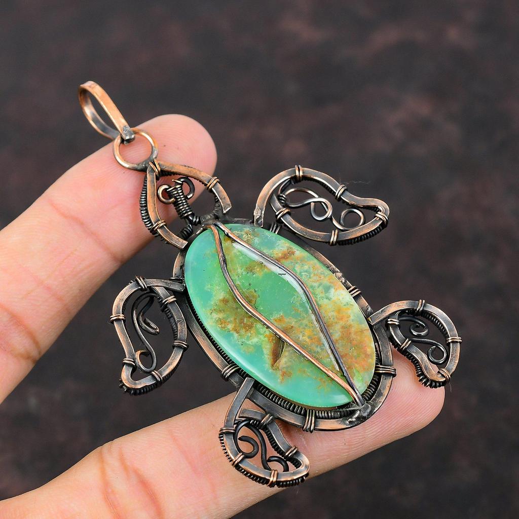 Кулон с хризопразом, медная проволока, кулон, кулон ручной работы, драгоценный камень, медные украшения, подвеска в виде черепахи, подарок для свадьбы, ювелирные изделия из проволочной обмотки