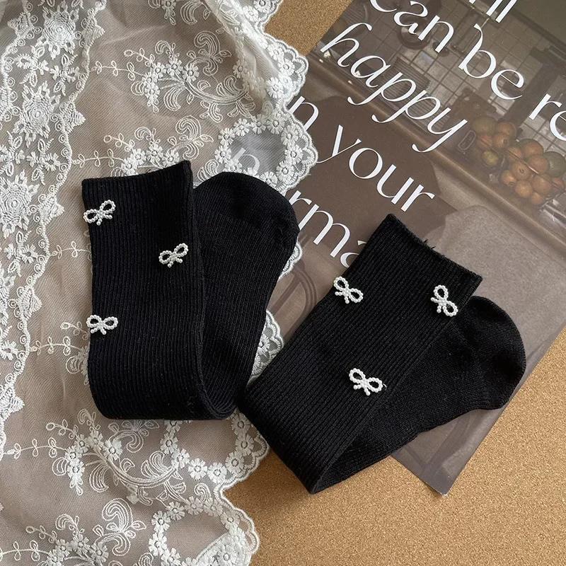 1 пара модных детских носков из телячьей шерсти, креативный дизайн, однотонные детские носки с жемчужным бантом, весна-осень, мягкие хлопковые носки