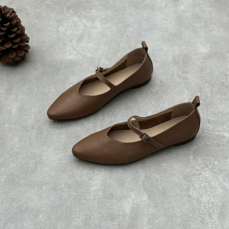 Johnature Женские туфли на плоской подошве из натуральной кожи с острым носком, простые универсальные туфли с ремешком и пряжкой, на мягкой подошве