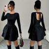 Spring Autumn Casual Slim Black Elasticity Ruffle Puffy Dresses Elegant A-line O-neck Long-sleeve Solid Party Mini Dress Female