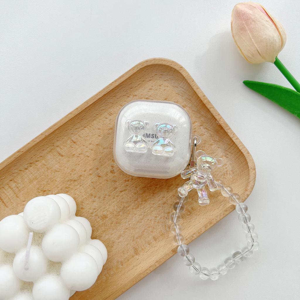 Прозрачный чехол для наушников с 3D медведем и милым мультяшным принтом для Samsung Galaxy Buds 2 Pro Live, чехол для Galaxy Buds2 Pro, полная защита с жемчужным ремешком