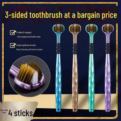 Зубная щетка с тройной головкой 360° для взрослых: Мягкие щетинки Macaron, жесткие щетинки для чистки щелей и налета на языке — идеально подходят для домашнего и семейного использования