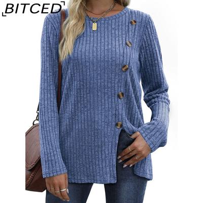 Футболка с пуговицами женская модная осенняя повседневная однотонная футболка с длинным рукавом женская