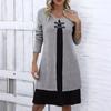 Fall Spring Womren Dress Fake Two-piece Long Sleeve A-line Loose Hem Round Neck Buckle Decor Knitted Soft Color Matching Knee Length Midi Dress