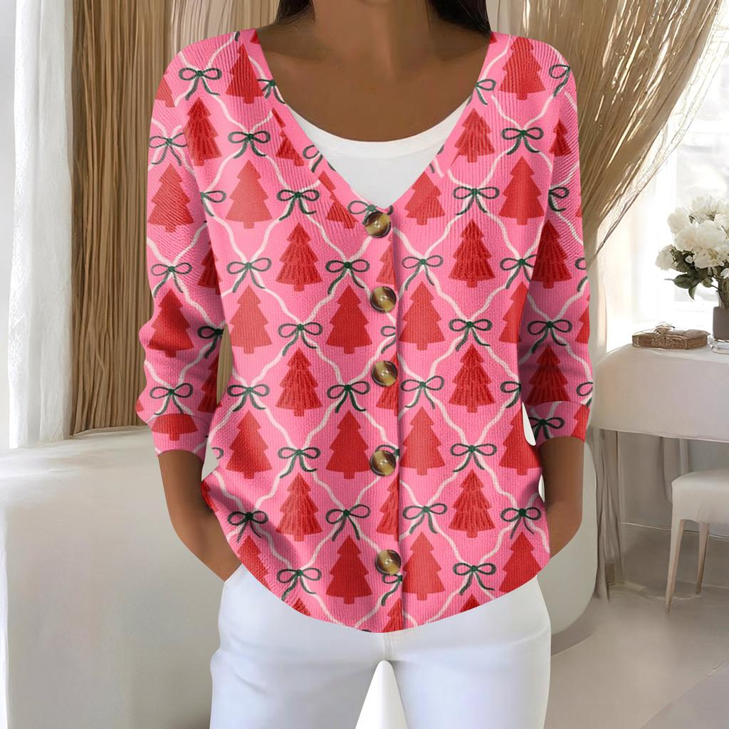 Women's Fashion Long Sleeve Christmas Snowman Snowflake Print Jacket Cardigan