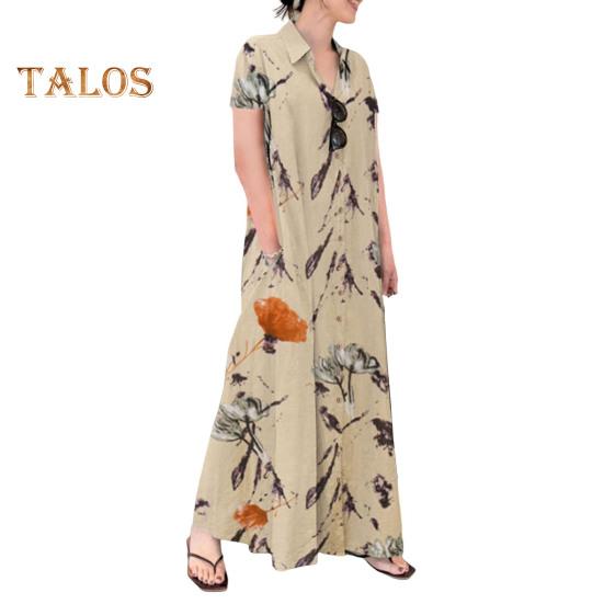 Женское летнее платье трапециевидной формы с лацканами, свободная рубашка с цветочным принтом, с короткими рукавами на пуговицах и боковыми карманами, длинное платье до щиколотки