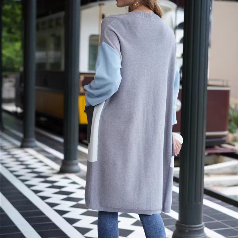 IHUASU Women's Autumn and Winter Models Commuter Large Size Splicing Striped Knitted Cardigan Long Loose Jumper