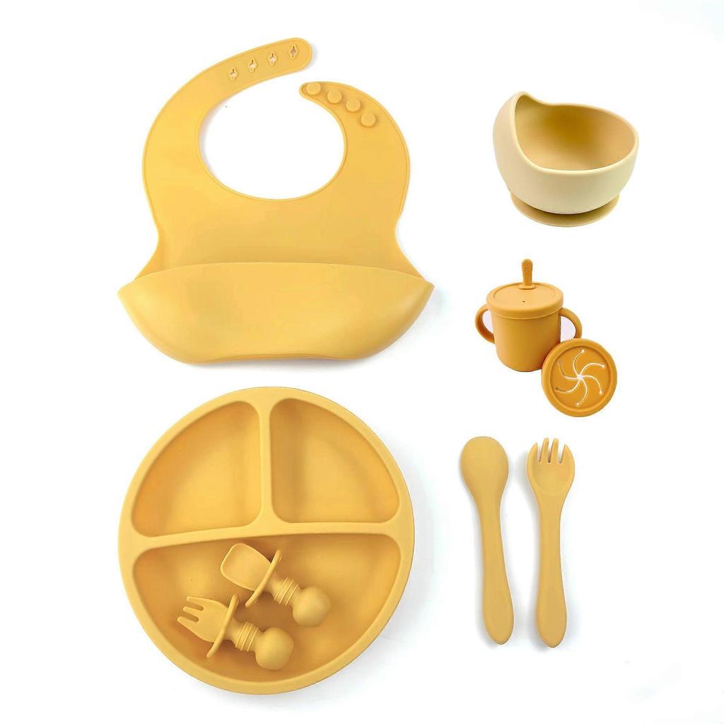 Silicone Baby Feeding 8-piece Food Supplement Bowl with Suction Cup, Dinner Plate, Bib, Fork Spoon, Snack Cup