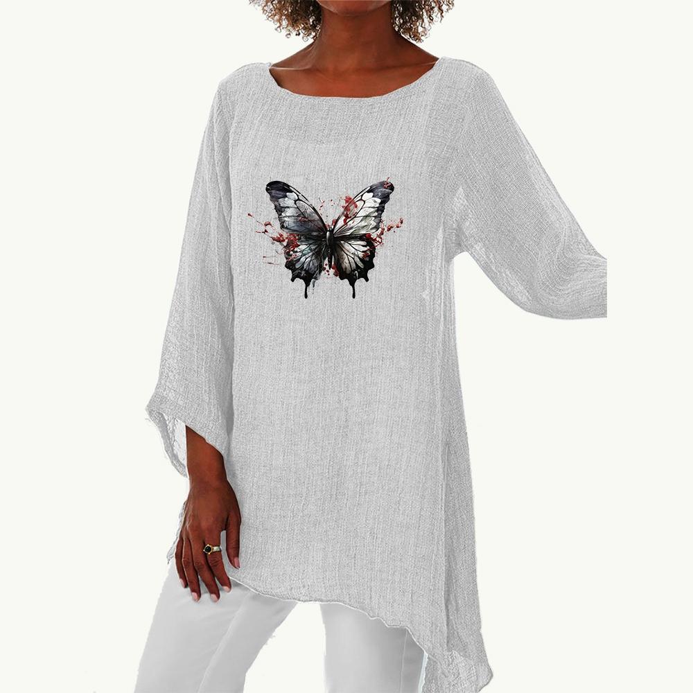 Women Spring&summer Fashion Long Shirt Female Casual 3/4 Long Sleeve Thin Top Plus Size Round Neck Print Loose Shirt