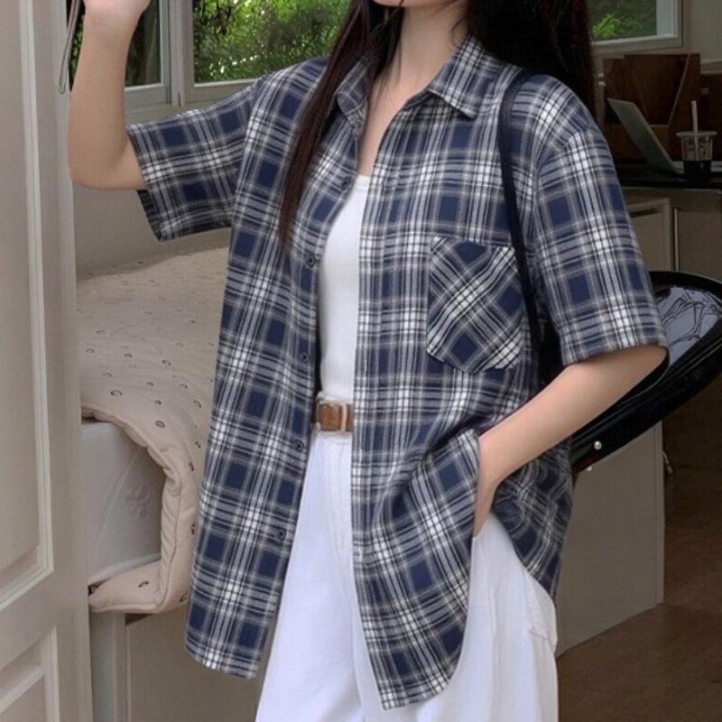 American Retro Plaid Short-sleeved Shirt Women's Summer Casual Loose and Thin Versatile Lazy Top Jacket Short Sleeve Shirt Oversized Casual Summer