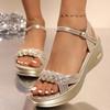Модные золотые серебряные босоножки на танкетке с ремешком на щиколотке Женские летние 2025 Удобные легкие туфли на каблуке Женские большого размера Платформа Сандалии
