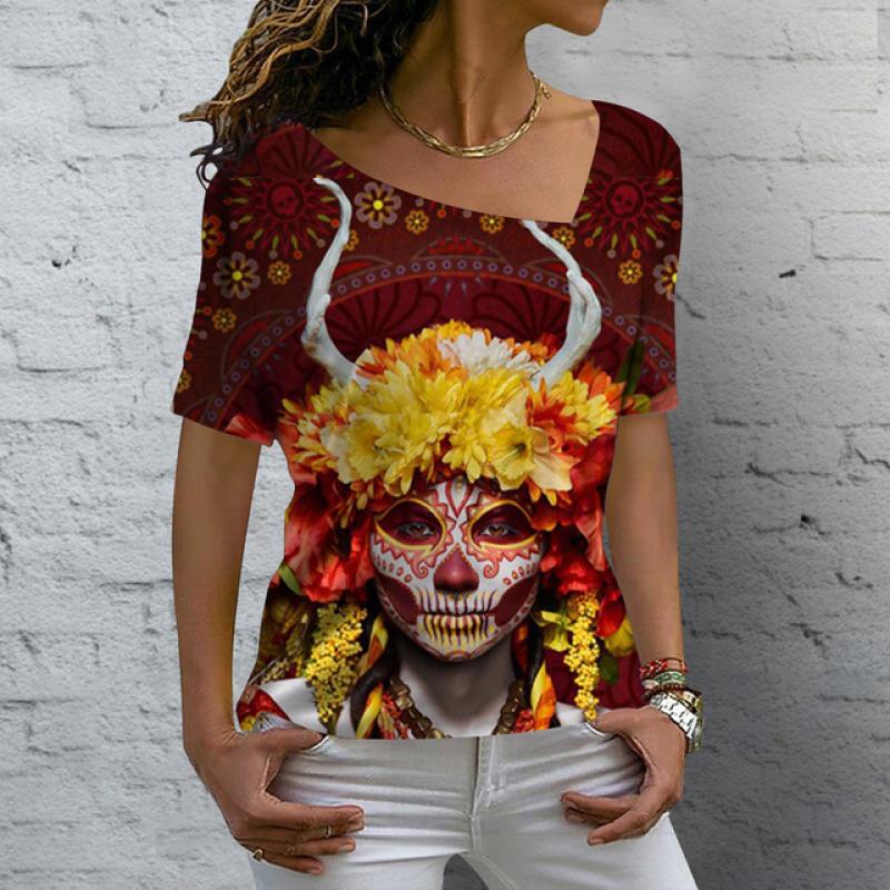 Лето 2023, винтажная женская футболка с изображением черепа, топы с v-образным вырезом, повседневный хлопковый пуловер с короткими рукавами, женская уличная одежда в стиле Харадзюку в стиле панк