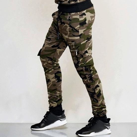Men Cargo Pants Drawstring Elastic Waist Camouflage Print Multi Zippered Pockets Ankle-banded Slim Fit Casual Daily Wear