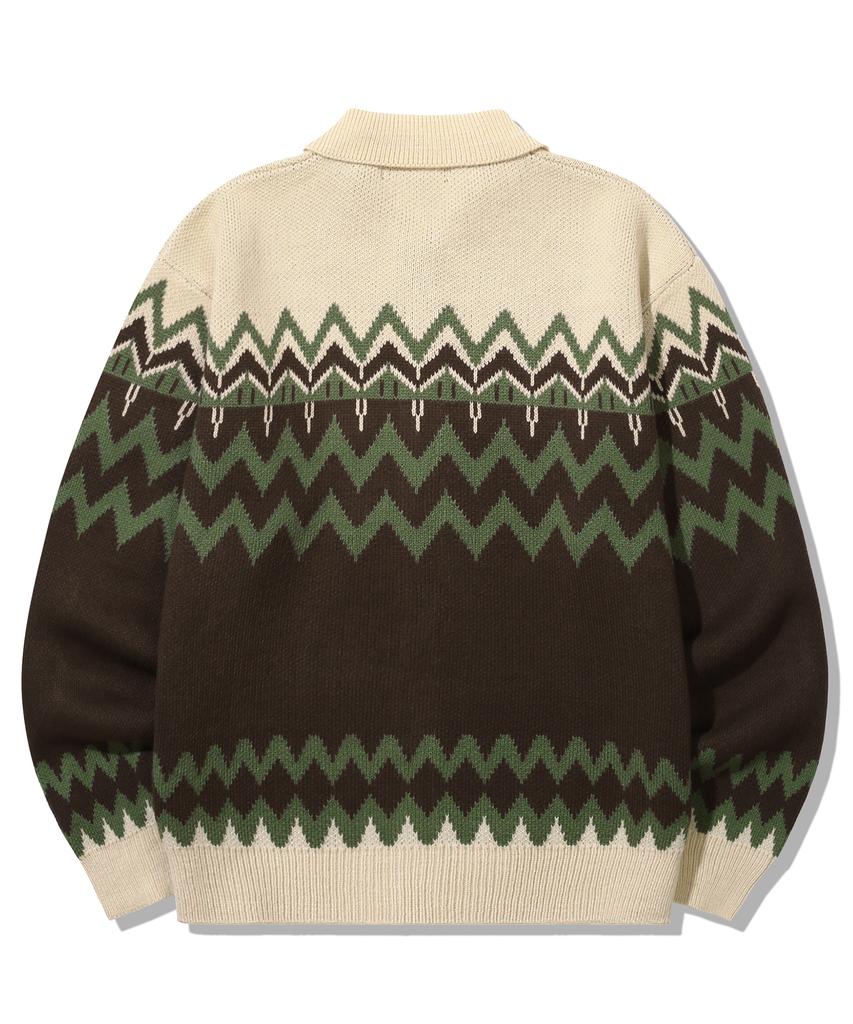 TRILLION Washable Nordic Jacquard Collar Neck 2-Way Zip-Up Knit [Beige]