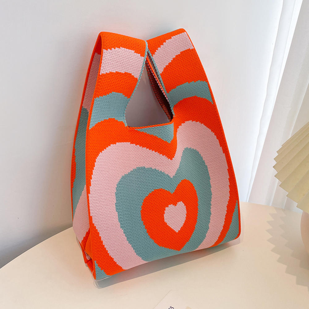 FASHION Women'S Knot Wrist Bag Handmade Knitted Bag Portable Mini Striped Tote Bucket Phone Bags Large Capacity Autumn Winter Handbags