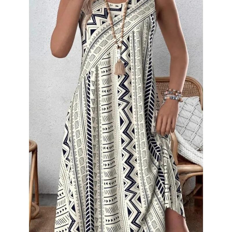 Round Neck Color Block Striped Midi Dress Sleeveless Loose Fit Side Hidden Pocket Irregular Split Hem Casual Daily Sundress