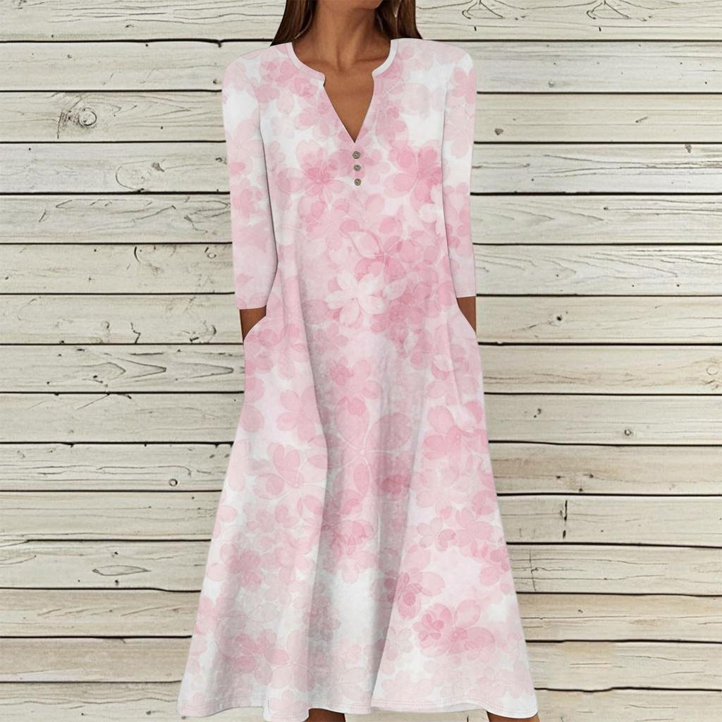 Женское летнее повседневное платье с V-образным вырезом на пуговицах, винтажным цветочным принтом, рукавом три четверти, длинное, с карманами