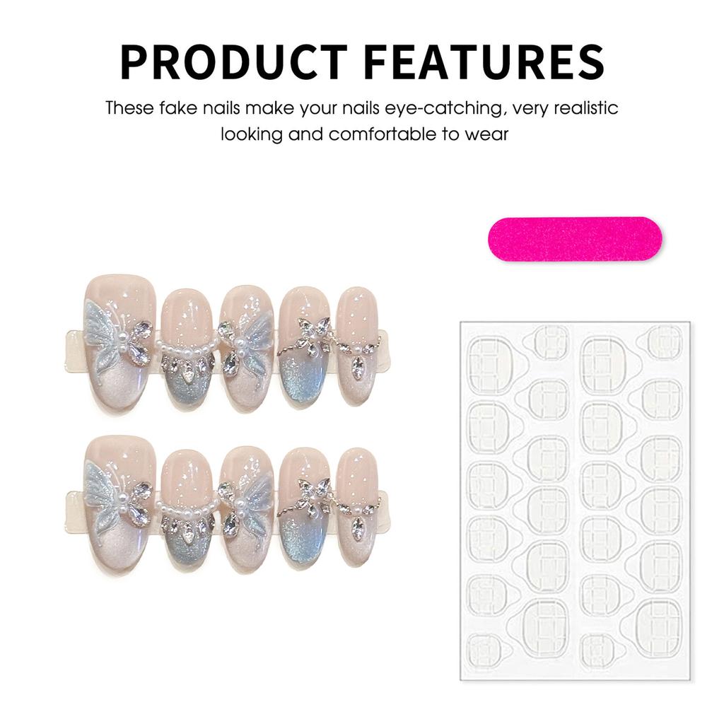 10PCS Press on Nails with Blue Cat Eye Tips with Butterflies and Rhinestone Decor for Women