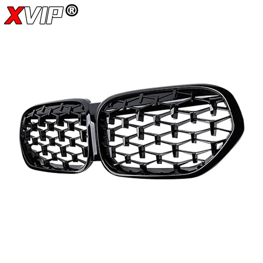 kyapx5 XVIP Carbon Fiber Look Double Line Style Front Racing Grills For BMW X1 F48 LCI 2020-2022 All Black Diamonds Style Upper Grilles