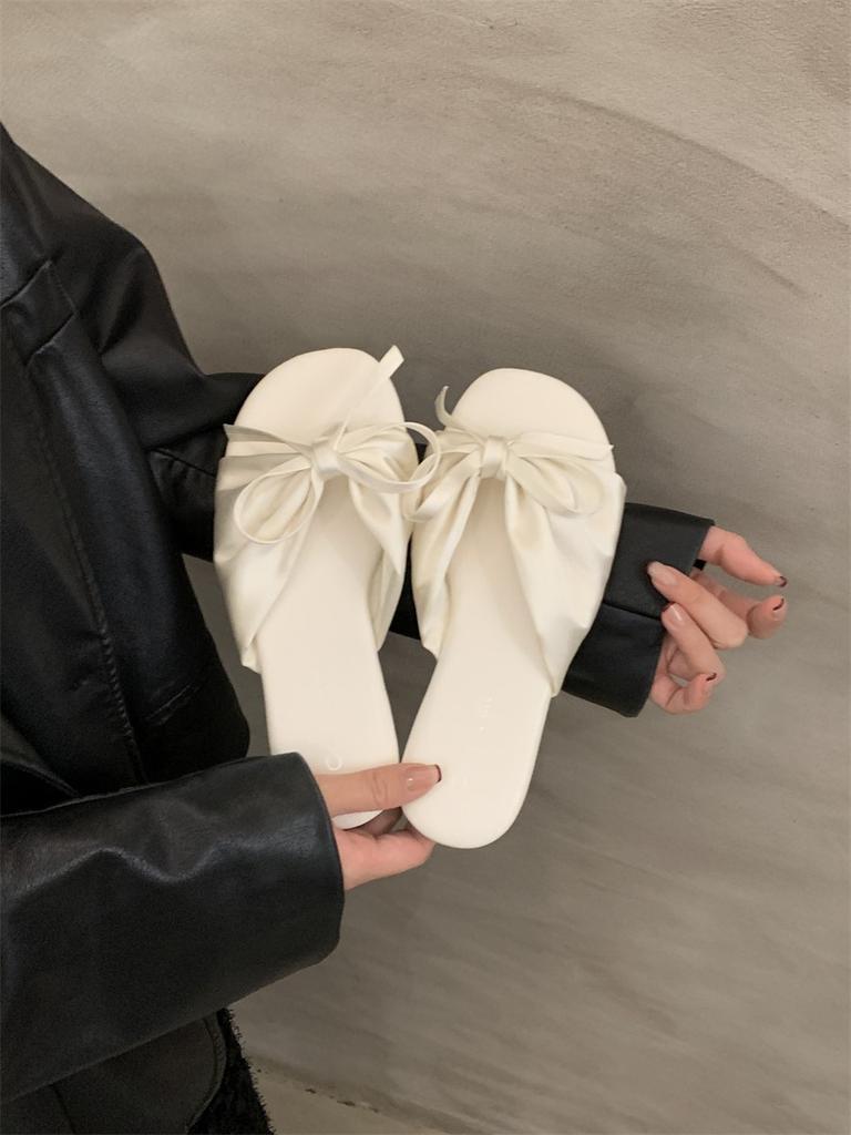 Gentle Bow Flat Toe Flip-flops Women's 2025 New Internet Celebrity Ins Versatile Beach Cool Slippers