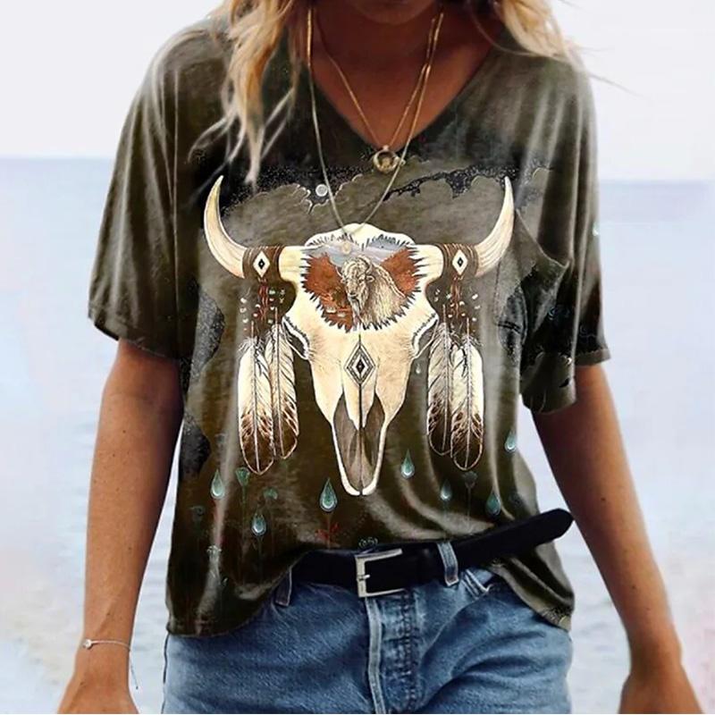 Женские топы с v-образным вырезом и коротким рукавом с винтажным рисунком, свободная футболка, повседневная блузка