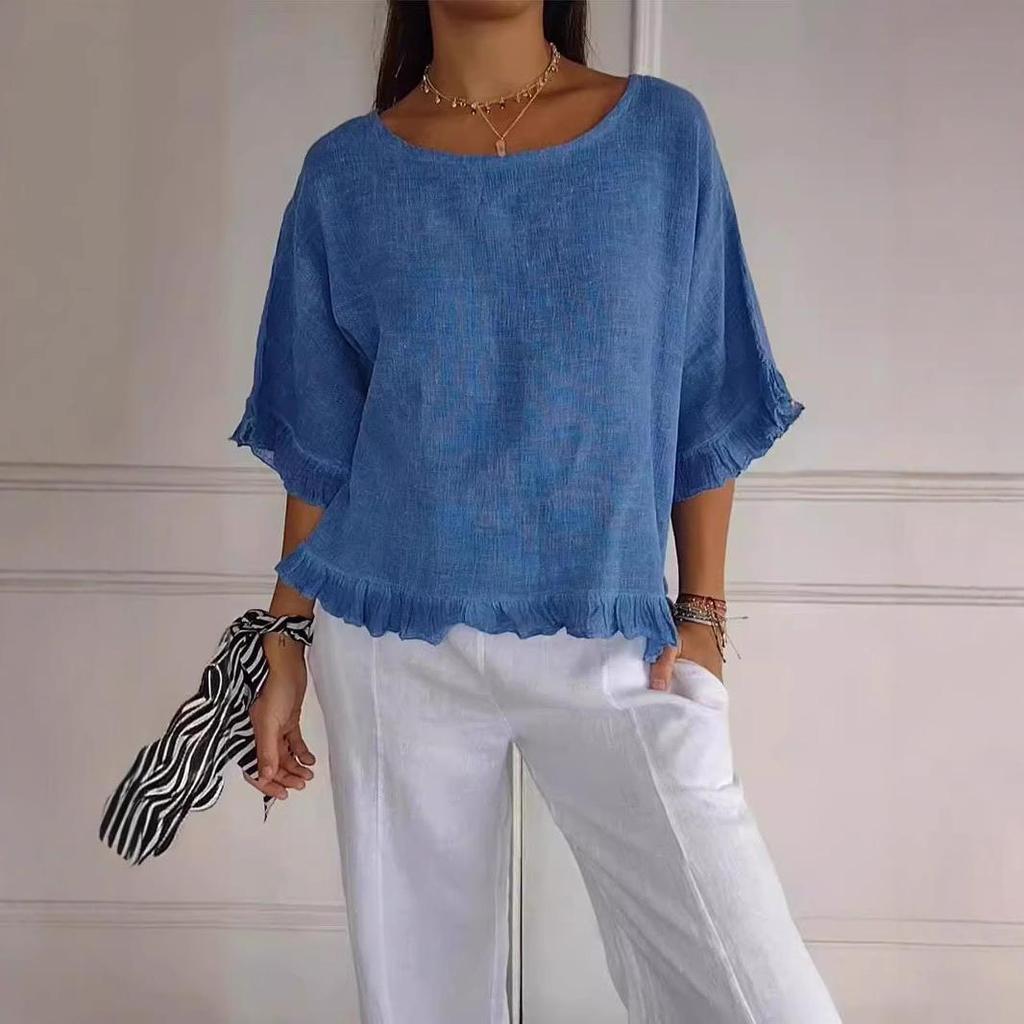 2025 Женская рубашка свободного кроя с коротким рукавом из хлопка и льна - Однотонная, с круглым вырезом, в европейско-американском стиле.